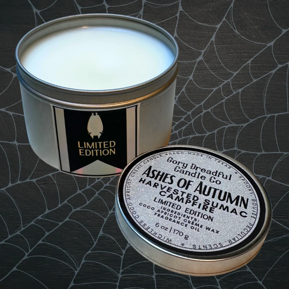 Ashes of Autumn Wickless Candle Tin:  Harvested Sumac Campfire Scent